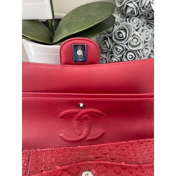 Chanel Womens Red Python Leather Classic Double Flap Jumbo Handbag - Picture 10 of 11